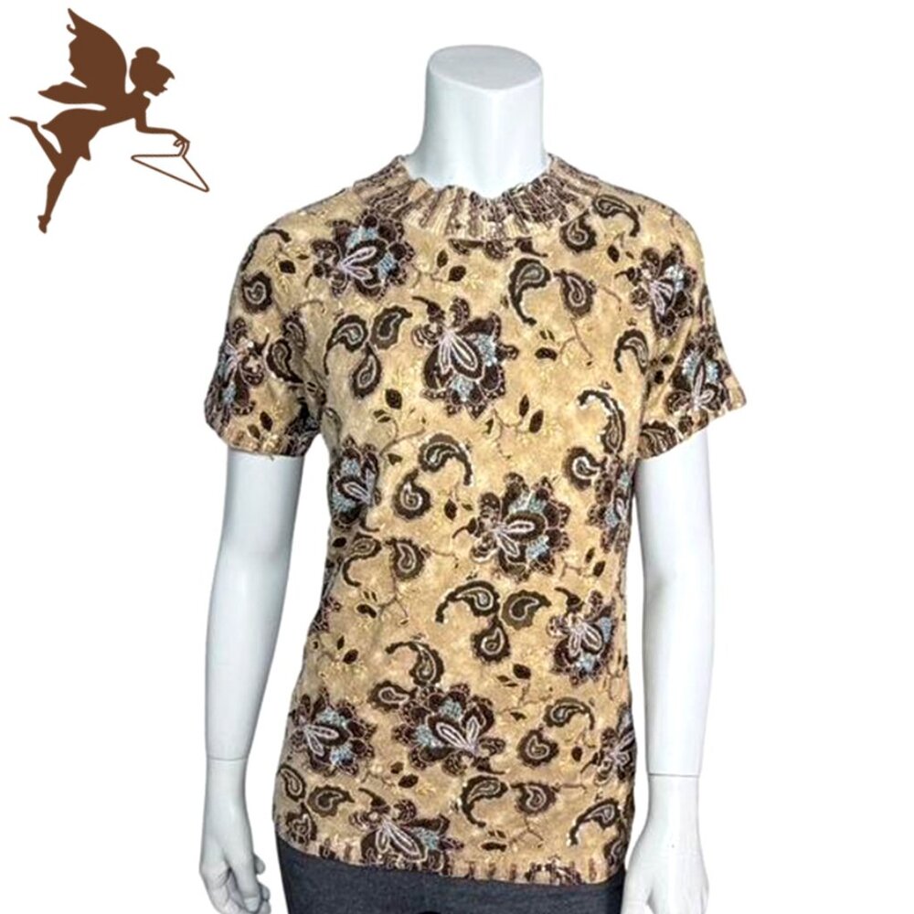 ESCADA Short Sleeve Floral Short Sleeve Cashmere Blend Sweater